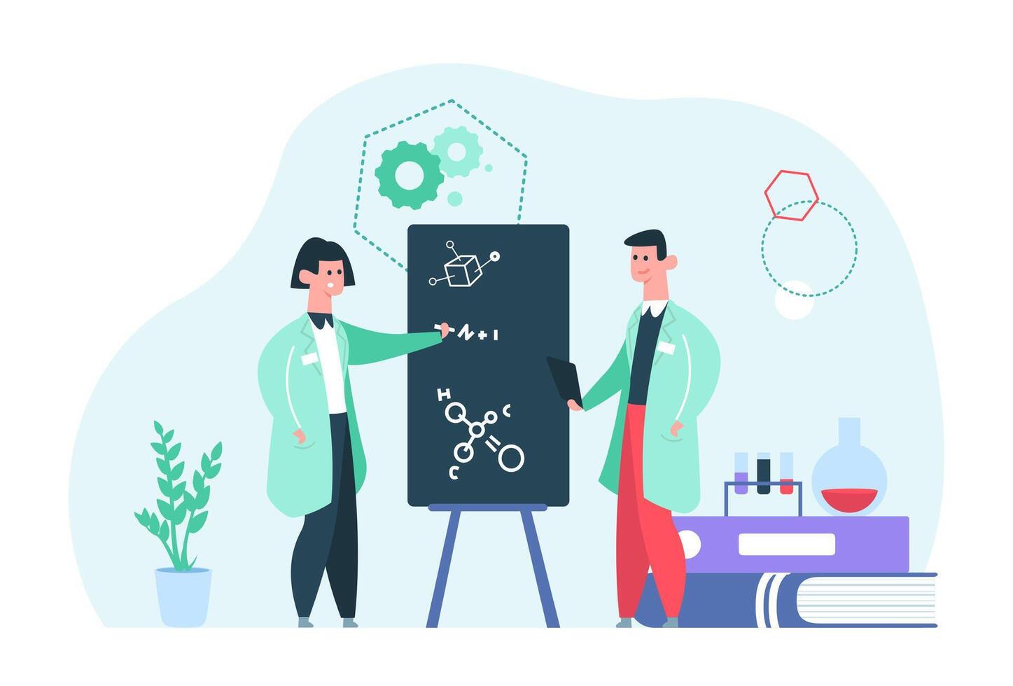 Scientist study. Man and woman working in laboratory, writing on board. People doing research, medical workers vector