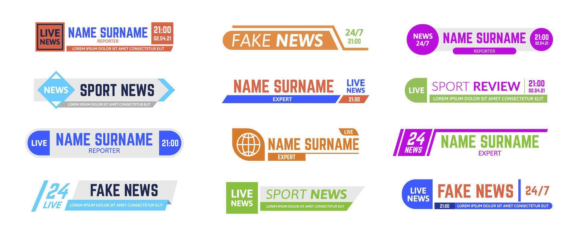 Tv news bars, breaking news broadcasting third part banners. Templates for editing and text. News and sport channels vector