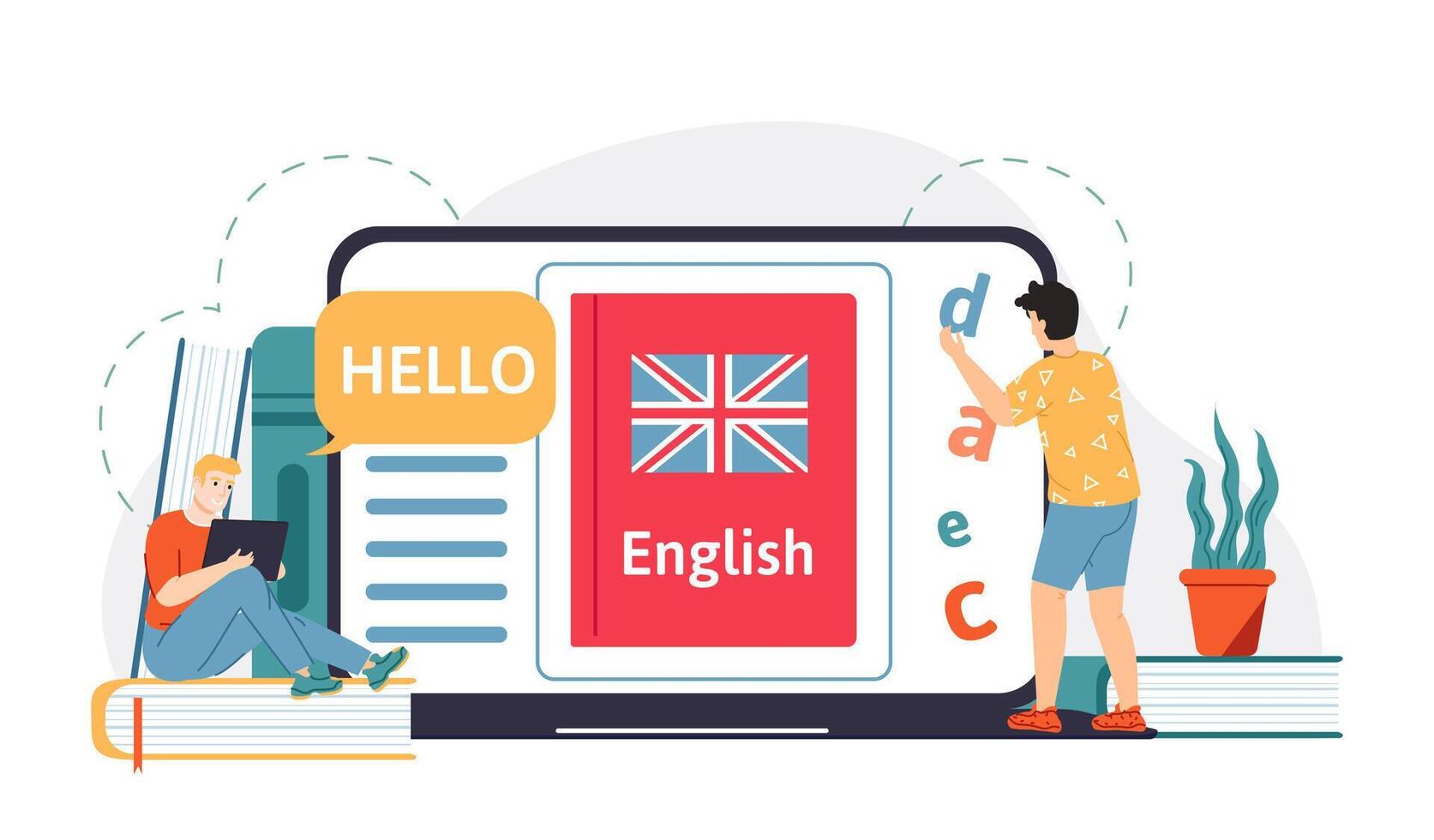 Online education, homeschooling. Male students learning English language remotely. Digital classroom vector