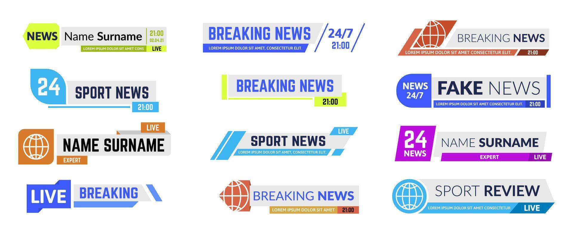 Television broadcast bar illustration set. Breaking news, sport review. Live show or program frame template vector