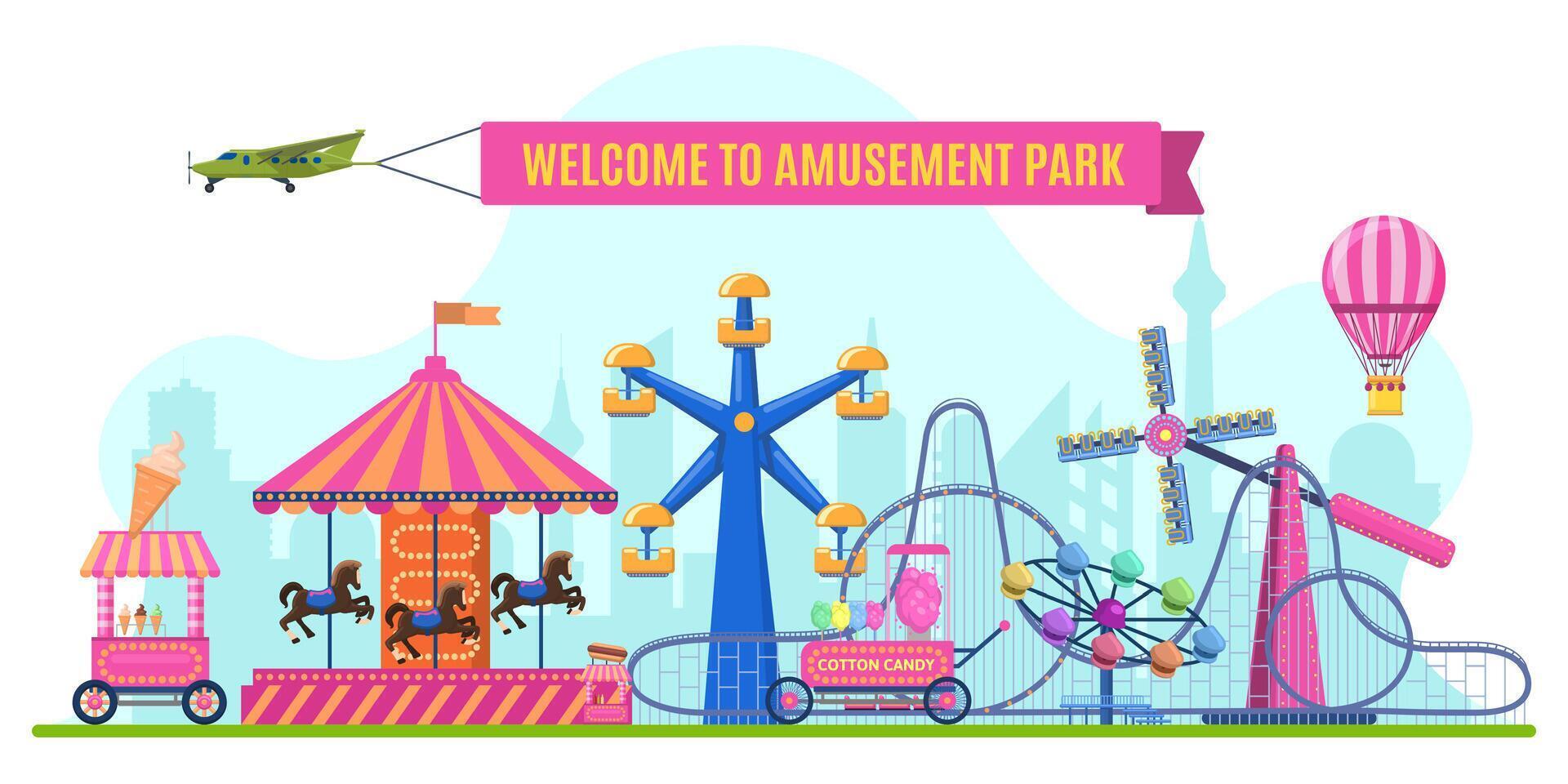 Amusement park landscape with rollercoaster, ferris wheel, merry-go-round. Outdoor carousels for entertainment vector