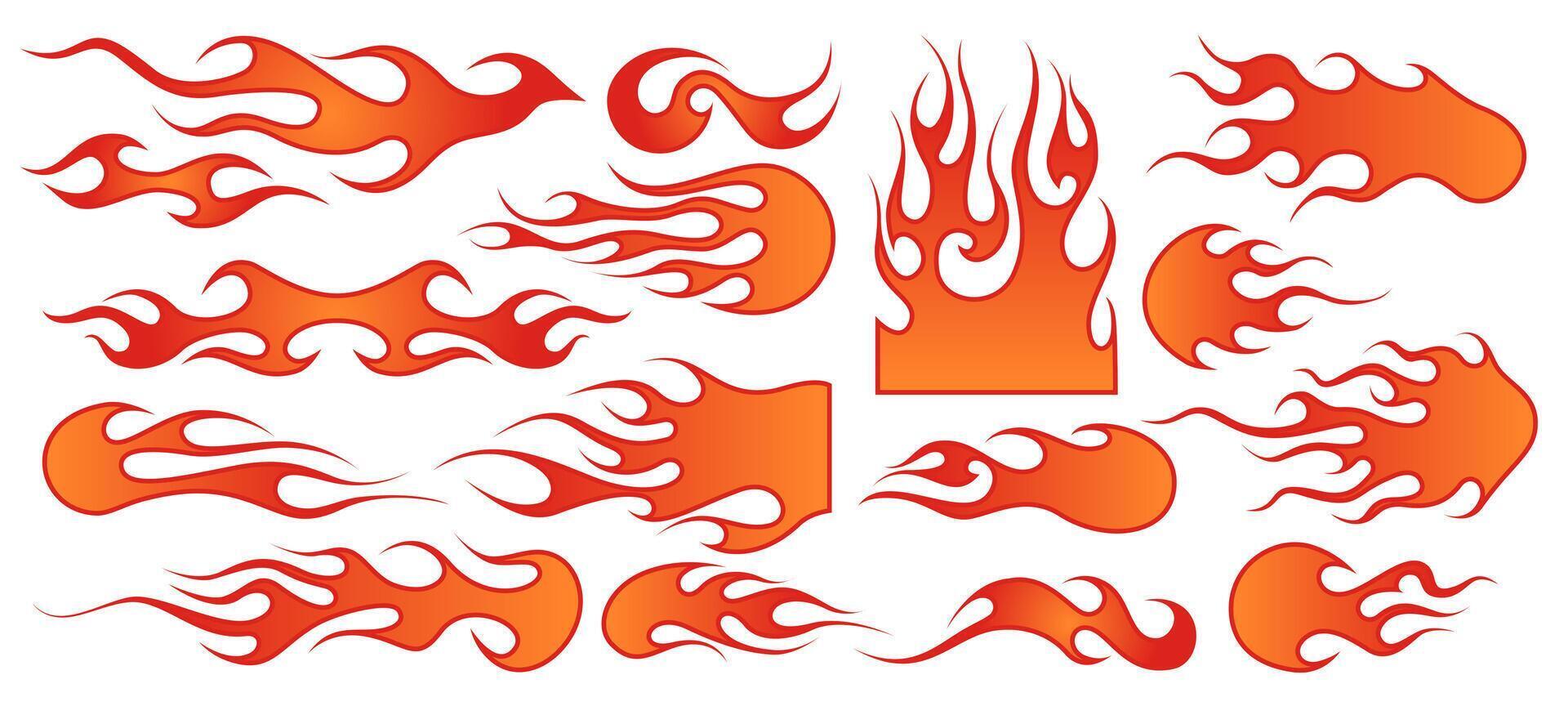 Flame decal. Tribal fire vinyl stickers for sport car or motorbike, hot tattoo illustration set vector