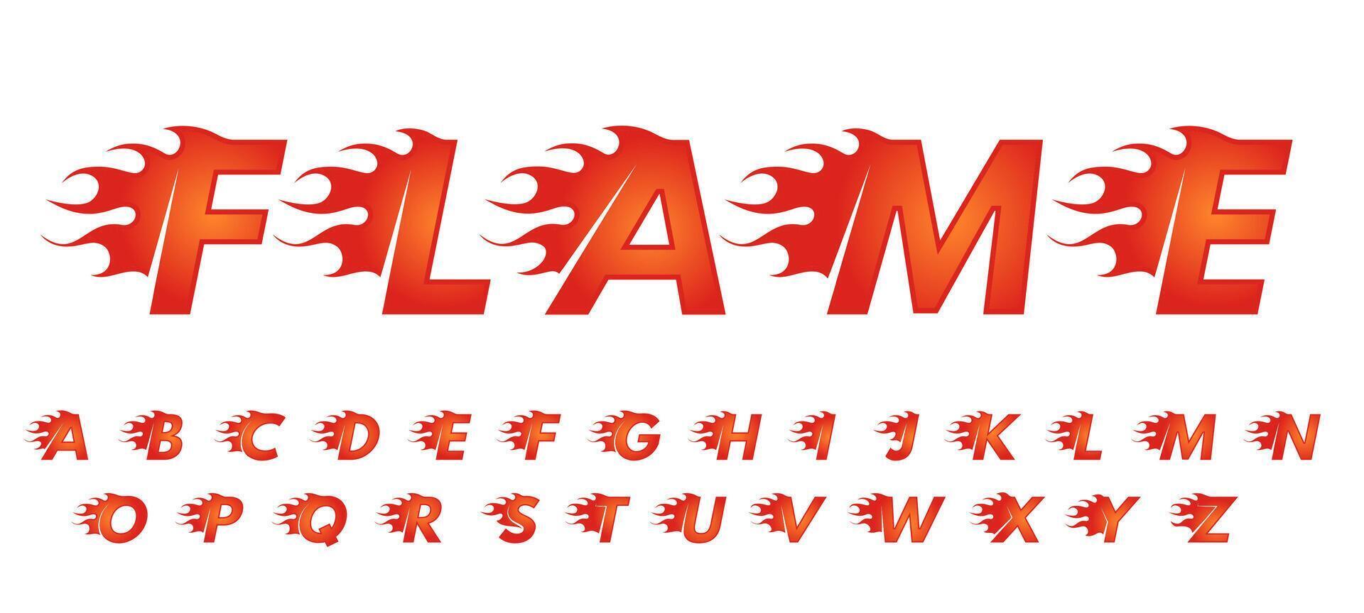 Flame font. Alphabet for fast speed cars race lettering, hot heat branding title and fire letters set vector