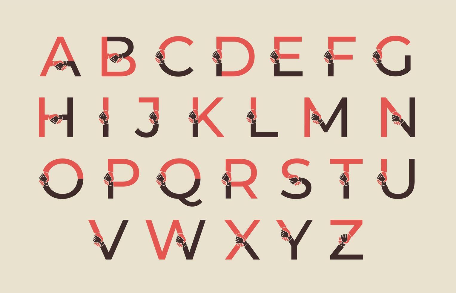 Handshake font. Corporate emblem alphabet with parts of letter shake hands, success deal and alliance concept sign. Helping hand letters set vector