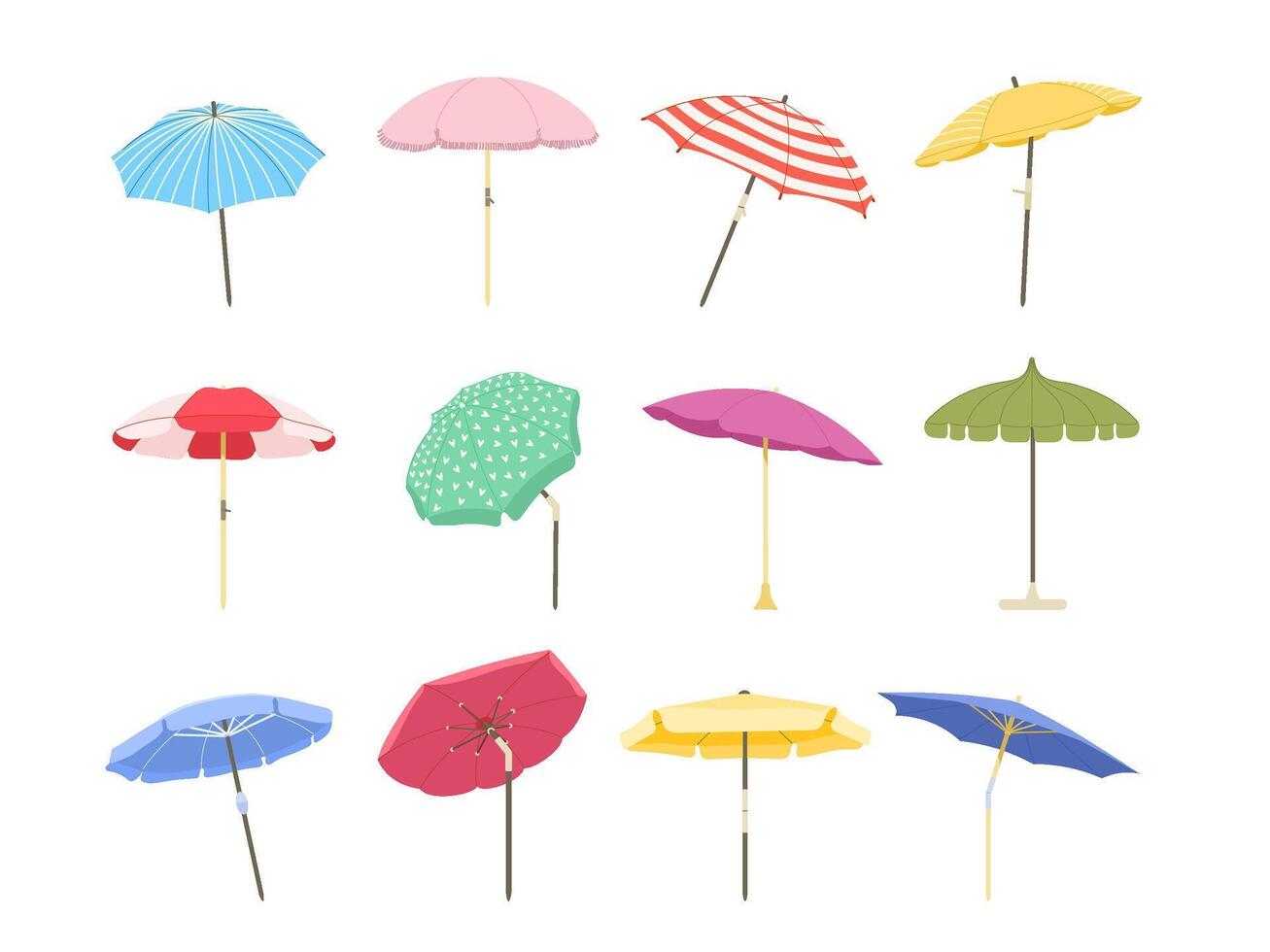 Cartoon beach umbrella. Sun protective outdoor large parasols with stripes, summer sunshade isolated illustration set vector