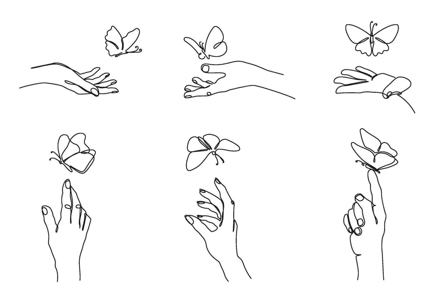 One line hands release butterflies. Hand with butterfly on finger, freedom and carefree summer hand drawn illustration set vector