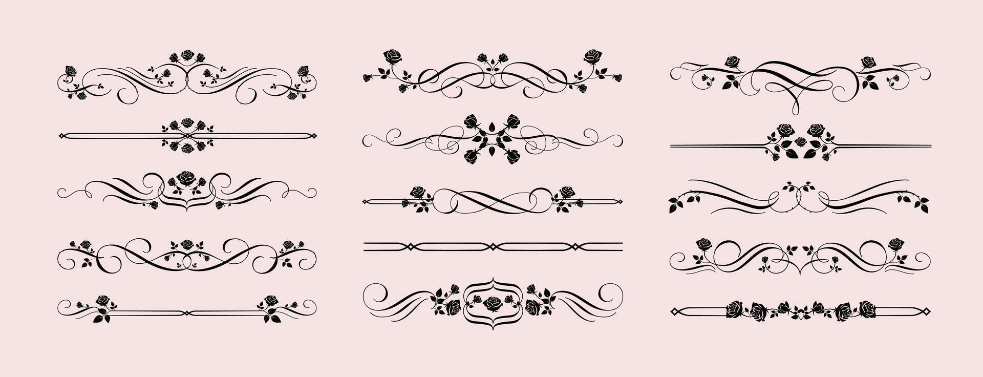 Gothic rose dividers. Gothcore borders with vintage calligraphic flourish and rose flowers decorative set vector