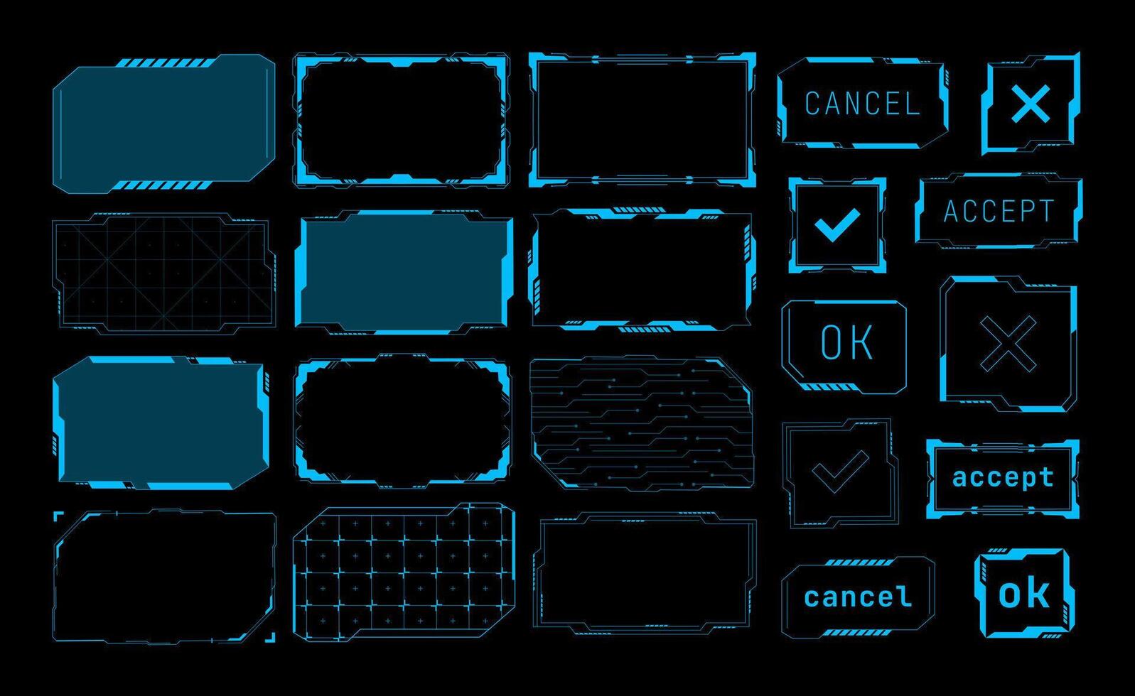 Futuristic frames. Cyberpunk electronic background and futuristic UI buttons. Sci Fi technology interface set vector