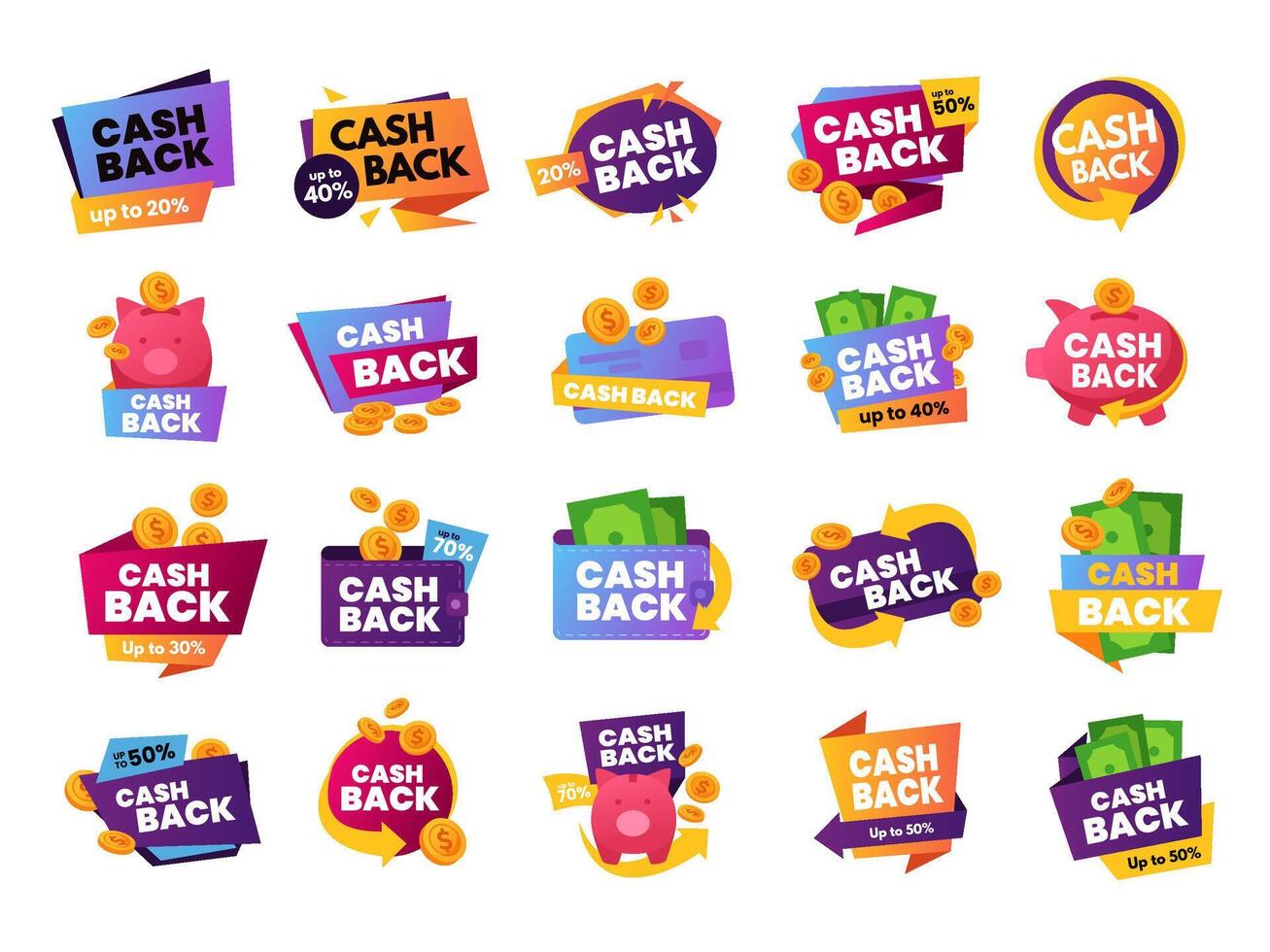 Cash back. Promotion offer sign with coins and cash returns to wallet, banking card and piggy bank savings cartoon illustration set vector