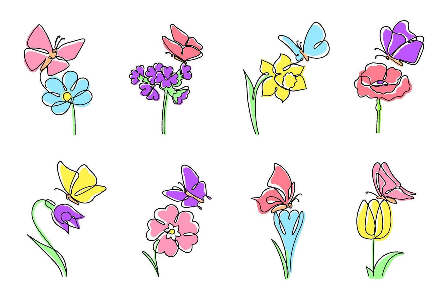 One line flowers with butterflies. Daffodil and tulip with butterfly on top, blooming flower and minimalistic spring illustration set vector