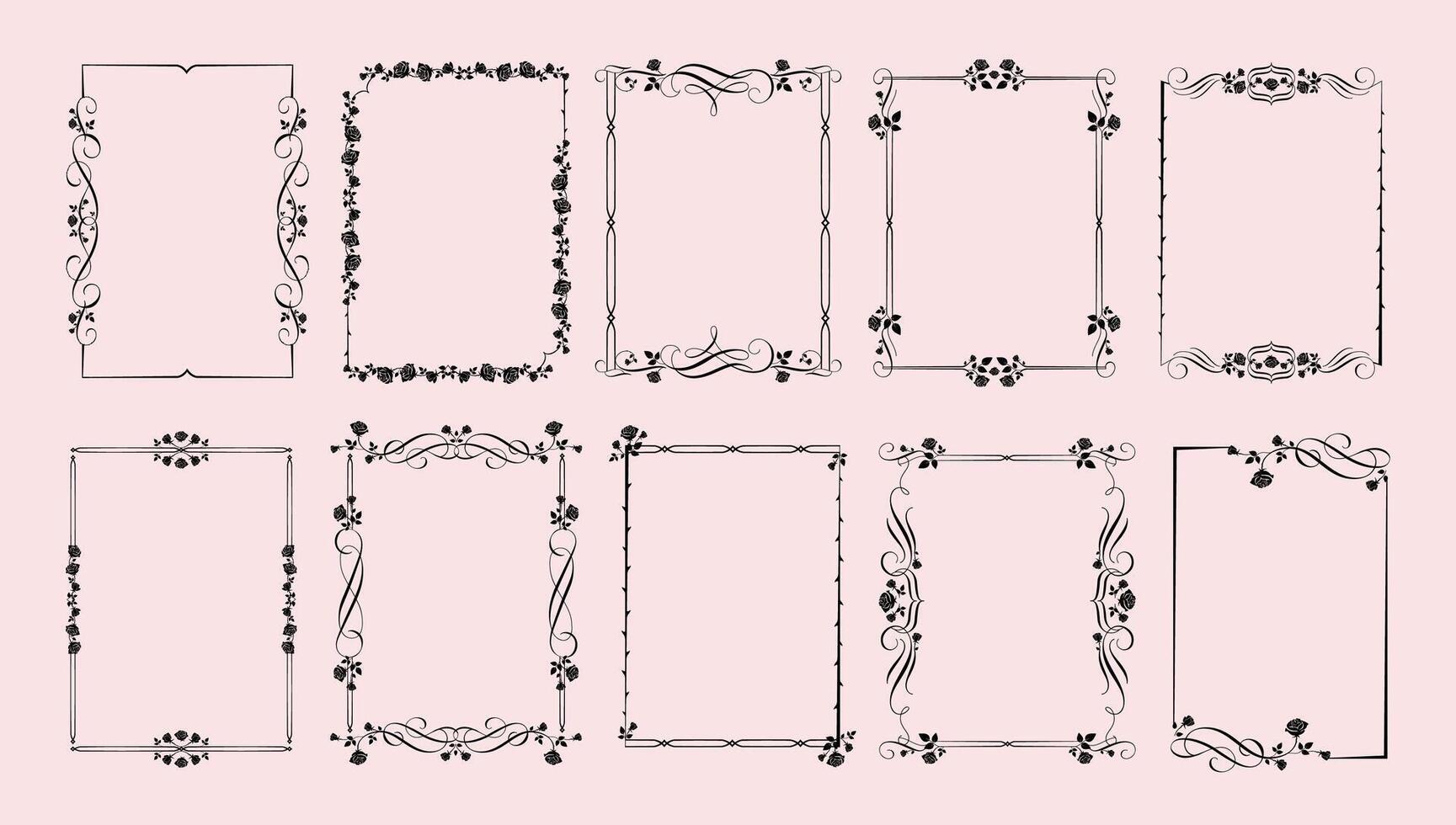 Gothic rose frames. Gothcore borders with flowers, leaves and spikes of roses. Elegant decorative flourish design elements set vector