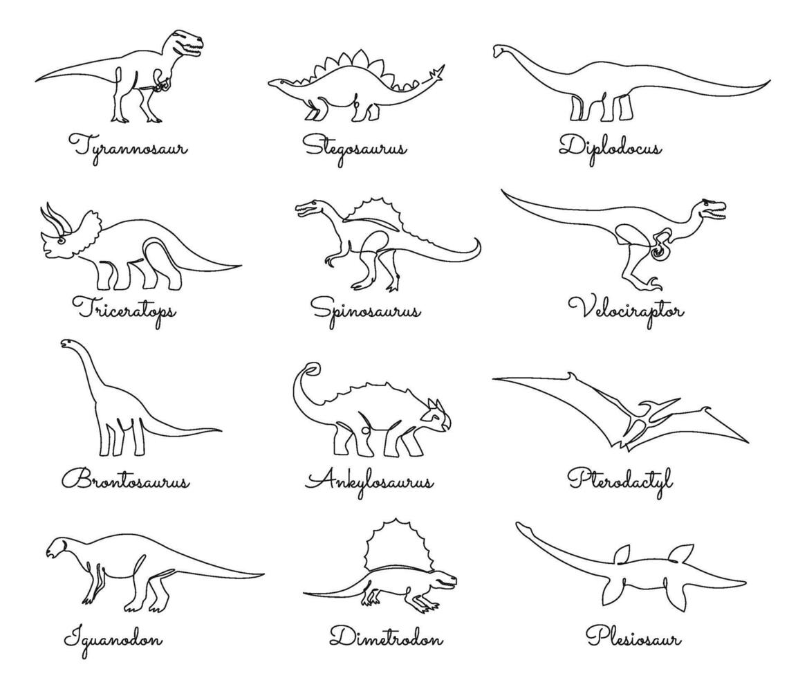 Continuous one line dinosaur. Prehistoric animals, jurassic dino monsters. giant reptiles illustration set vector