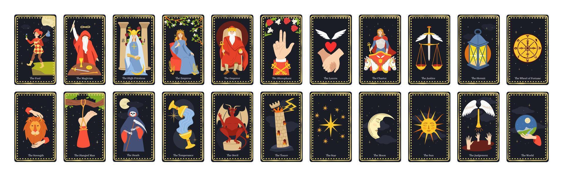 Major arcana tarot cards. Occult deck for divination with chariot, fool, magician and wheel of fortune set vector