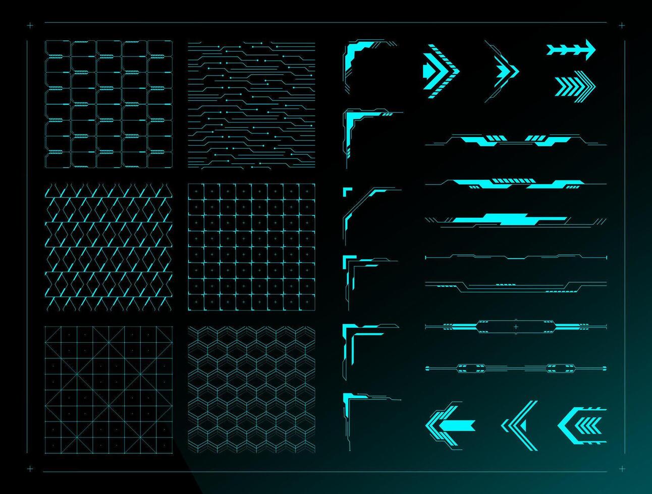 Sci fi UI design elements. Cyberpunk grid background textures, futuristic divider borders, abstract HUD corners and arrows set vector