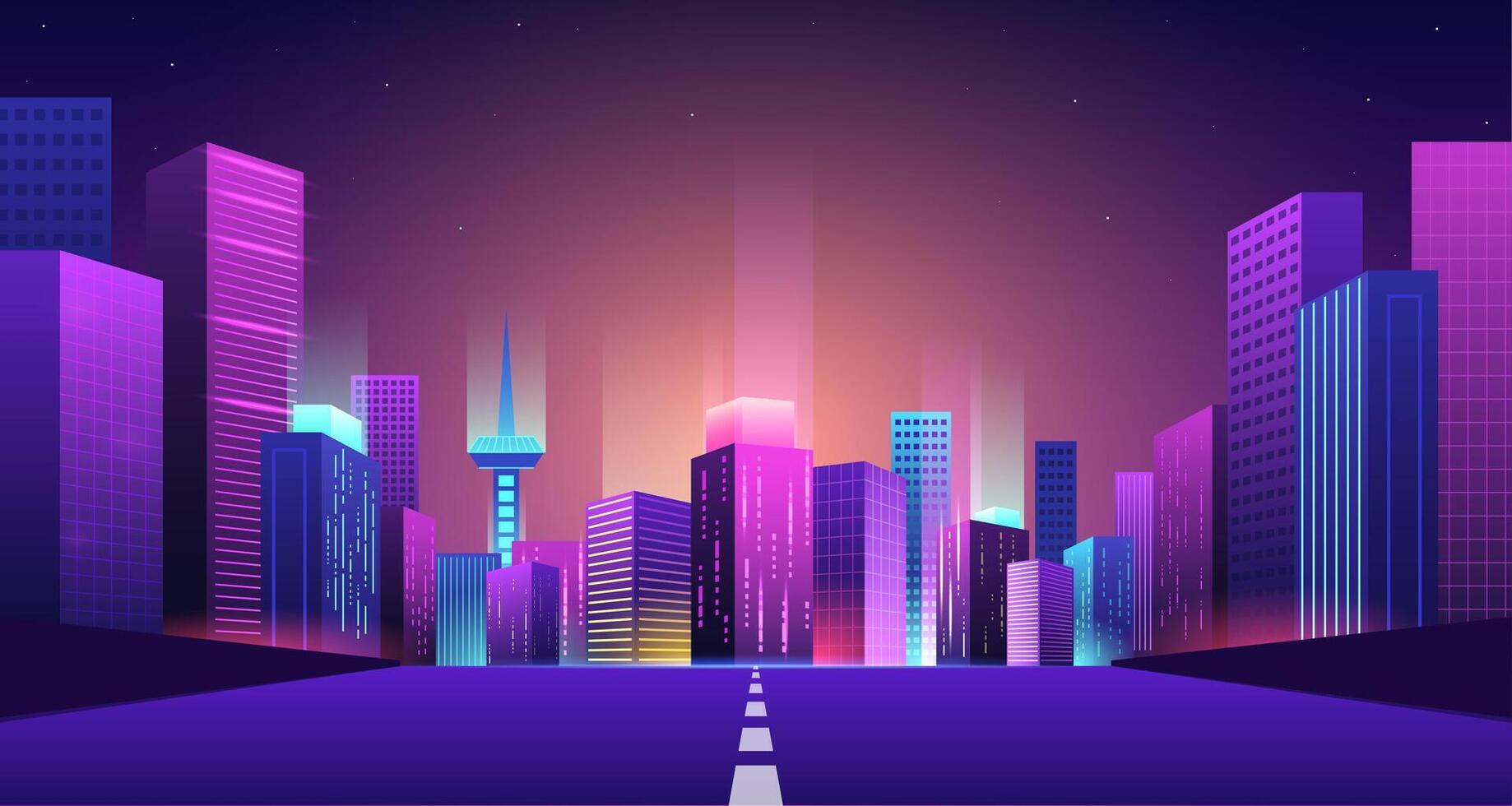 Road to futuristic city. Bridge to night neon town, bright buildings with urban lights beam. Highway to future Illustration vector