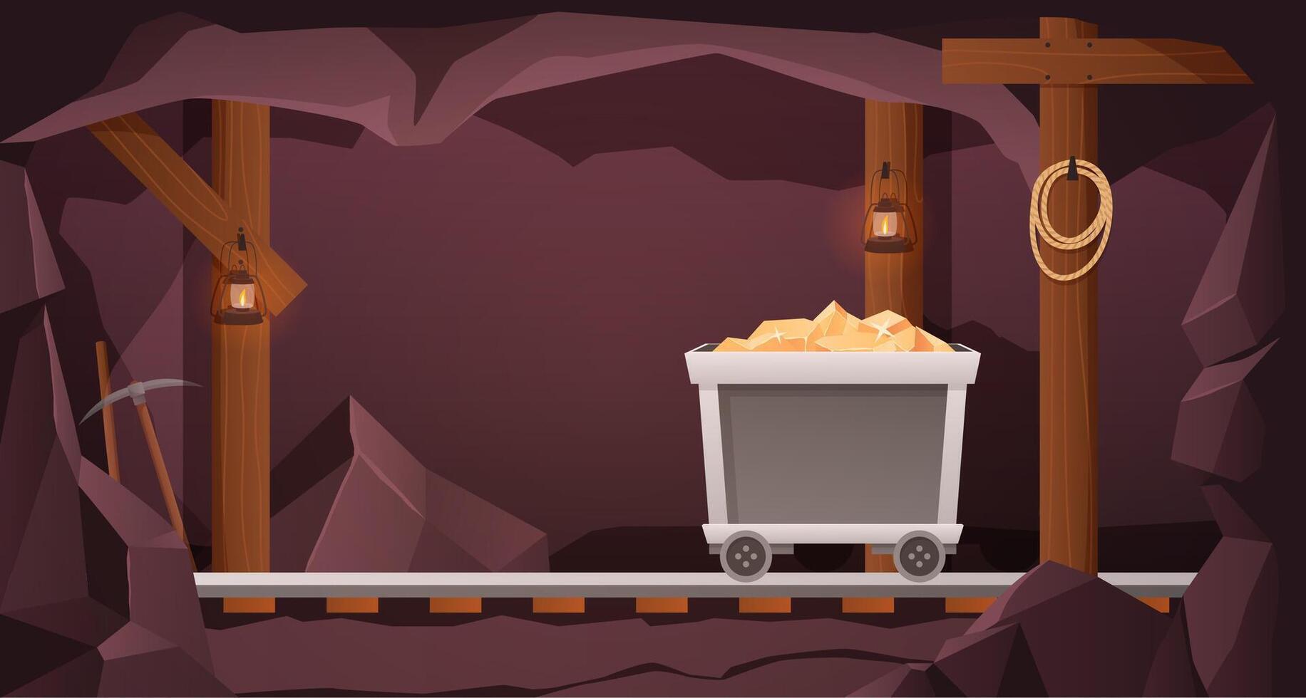 Gold mine tunnel. Trolley with gold nuggets in old mining cave interior cartoon background illustration vector