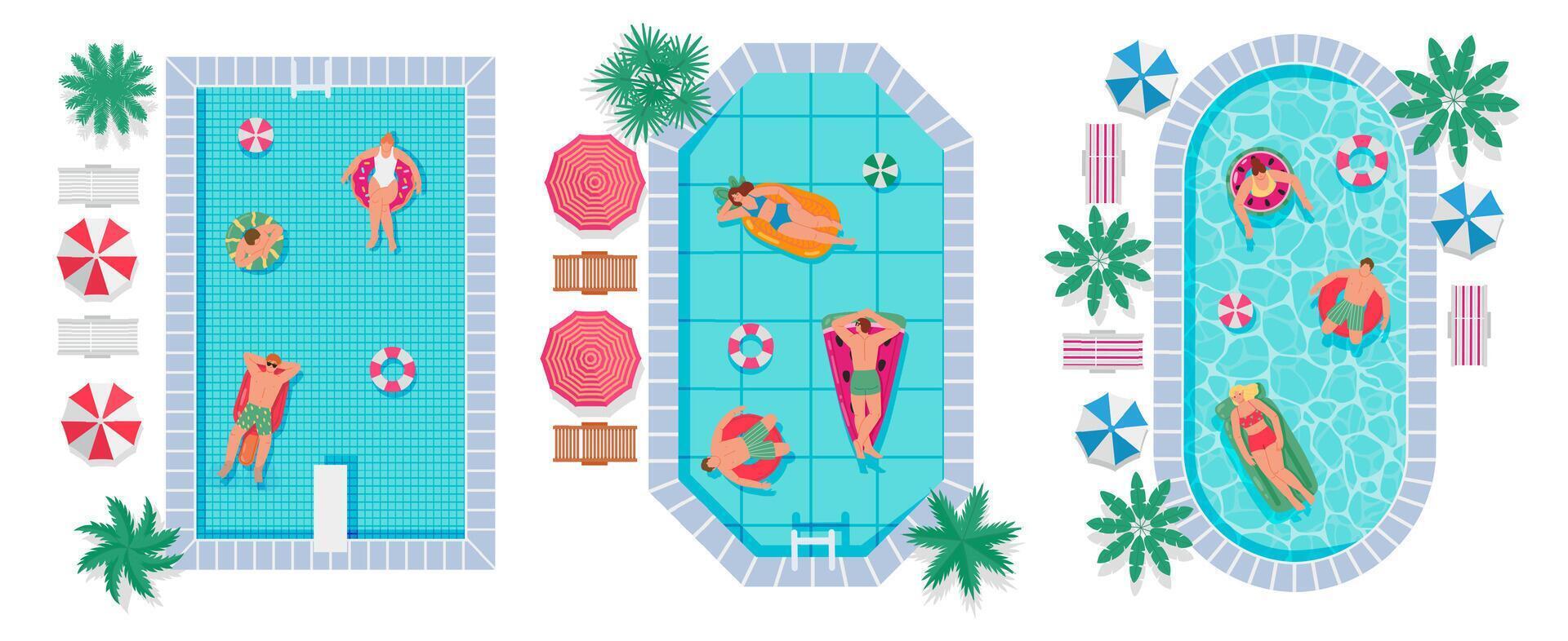 Summer swimming pools. People relax in hotel outdoor pool with top view swim ring, sunbeds and umbrellas illustration set vector