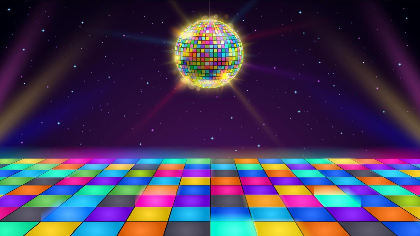 Disco dance floor. Retro party scene with LED squares grid glowing floor, disco ball and starry night sky background illustration vector