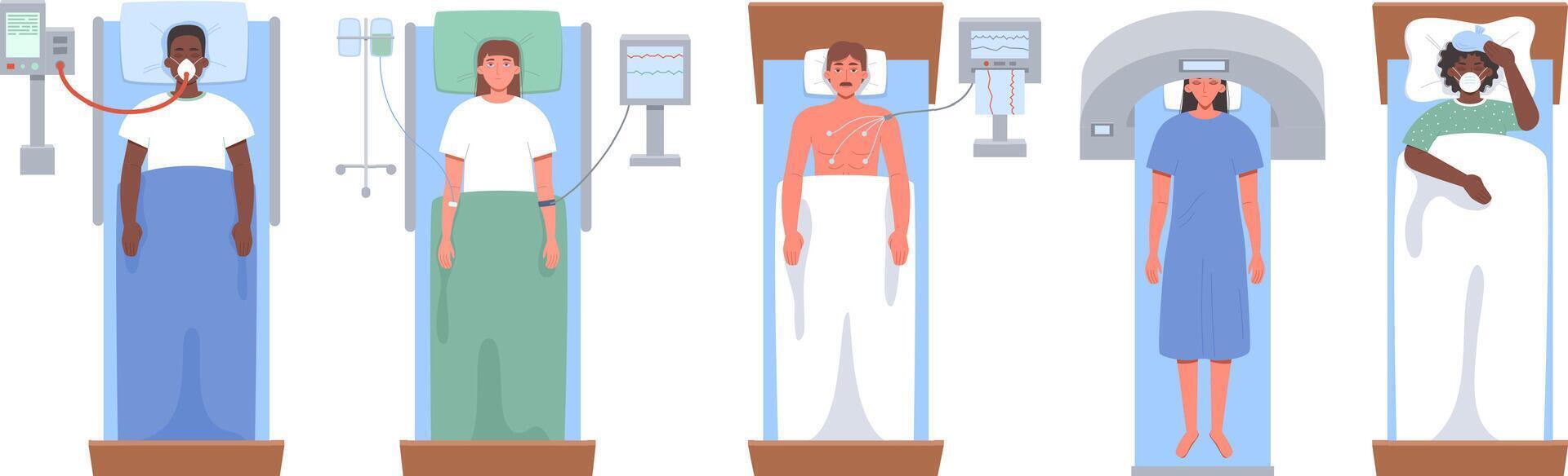 Patient in hospital bed top view. Lung ventilation, cardiogram, dropper, MRI and sick person illustration set vector