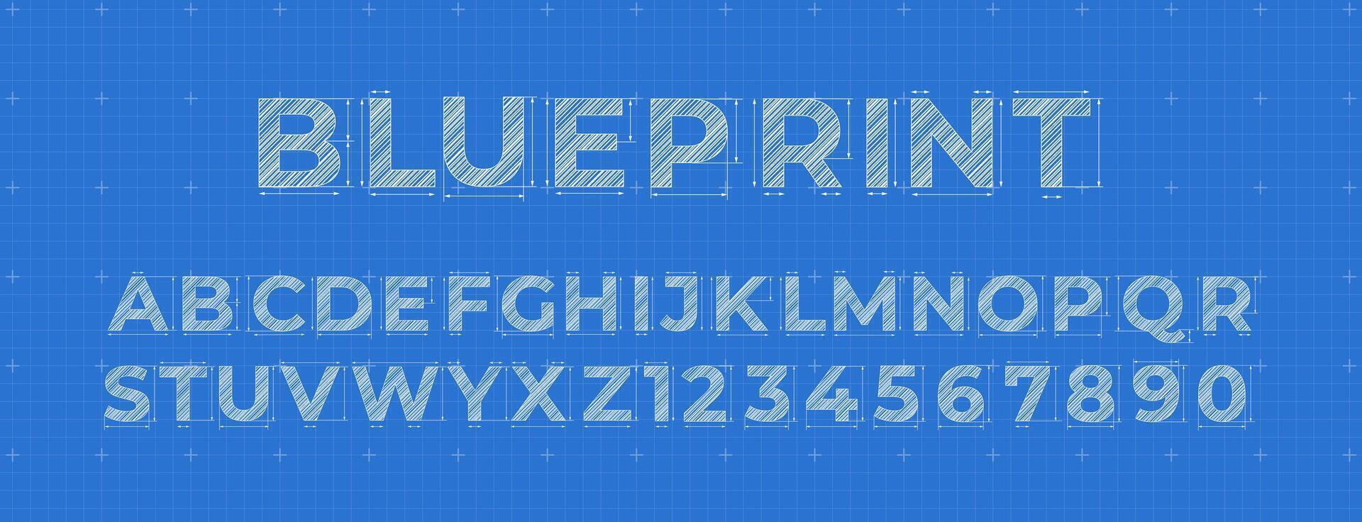 Blueprint lettering. Construction engineer font, architectural alphabet letters and numbers on blue measurement grid background. symbols set vector