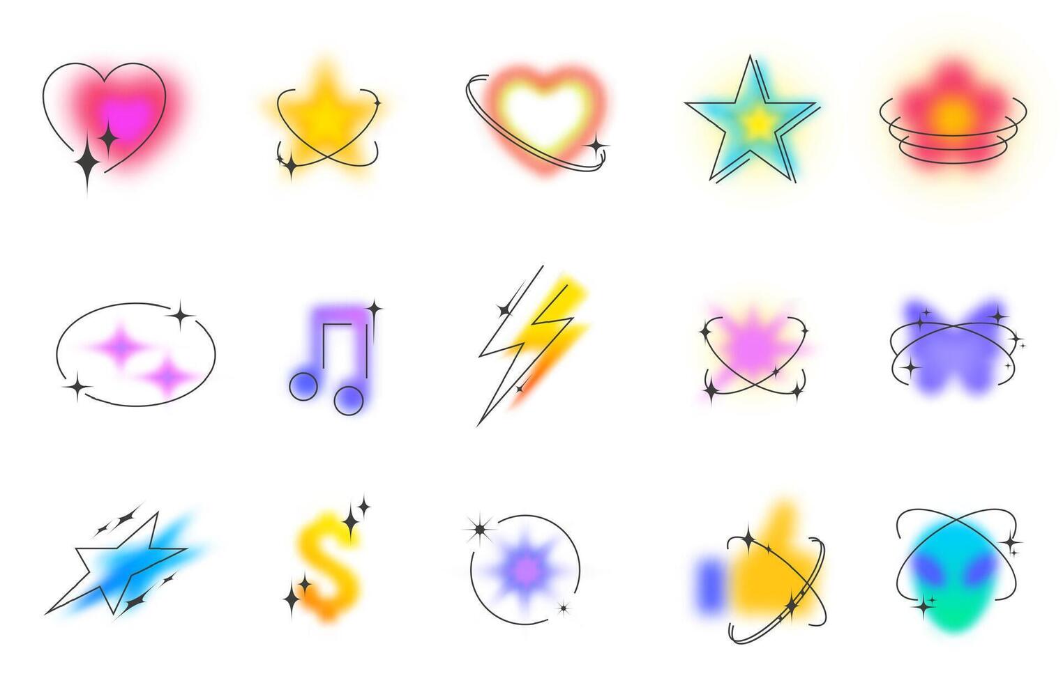 Blurred gradient shapes. Minimalist y2k aesthetic heart, retro butterfly and flower, sparkling star, blurry alien and music icons set vector