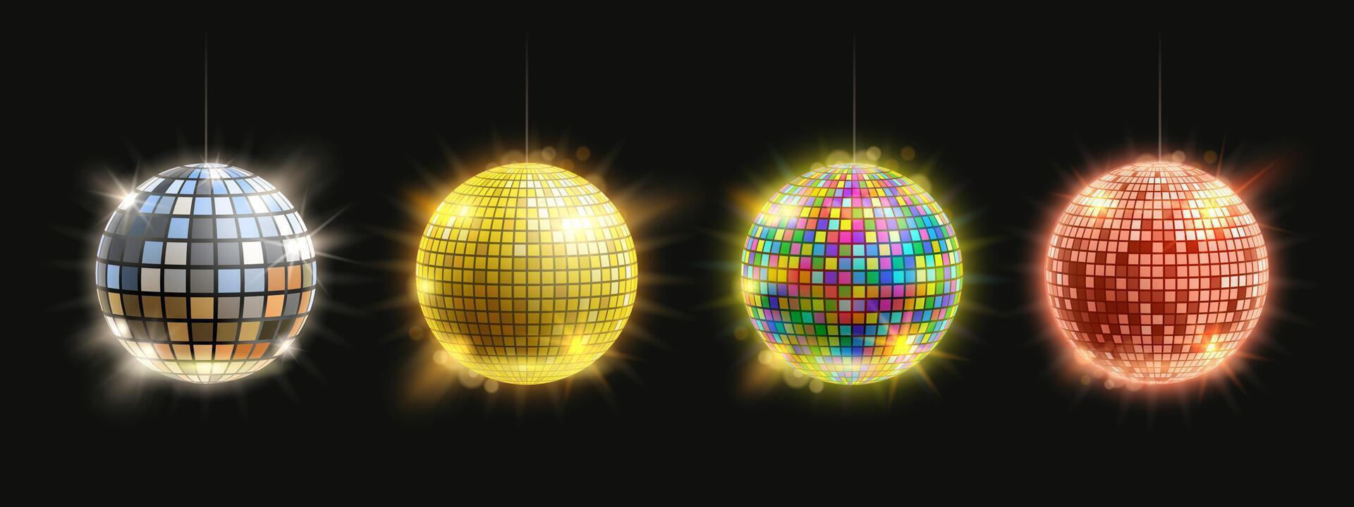 Disco mirror ball. Retro party club decoration silver, golden, rainbow and bronze shining balls isolated illustration set vector