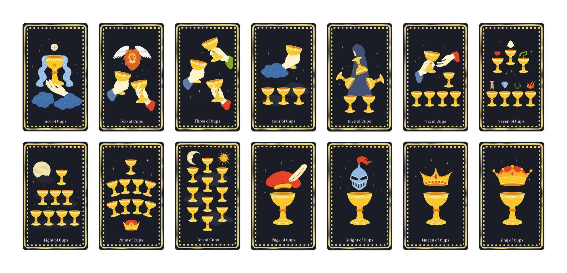 Minor arcana cups tarot cards. King, queen, knight, page and ace of cups, esoteric deck for divination illustration set vector