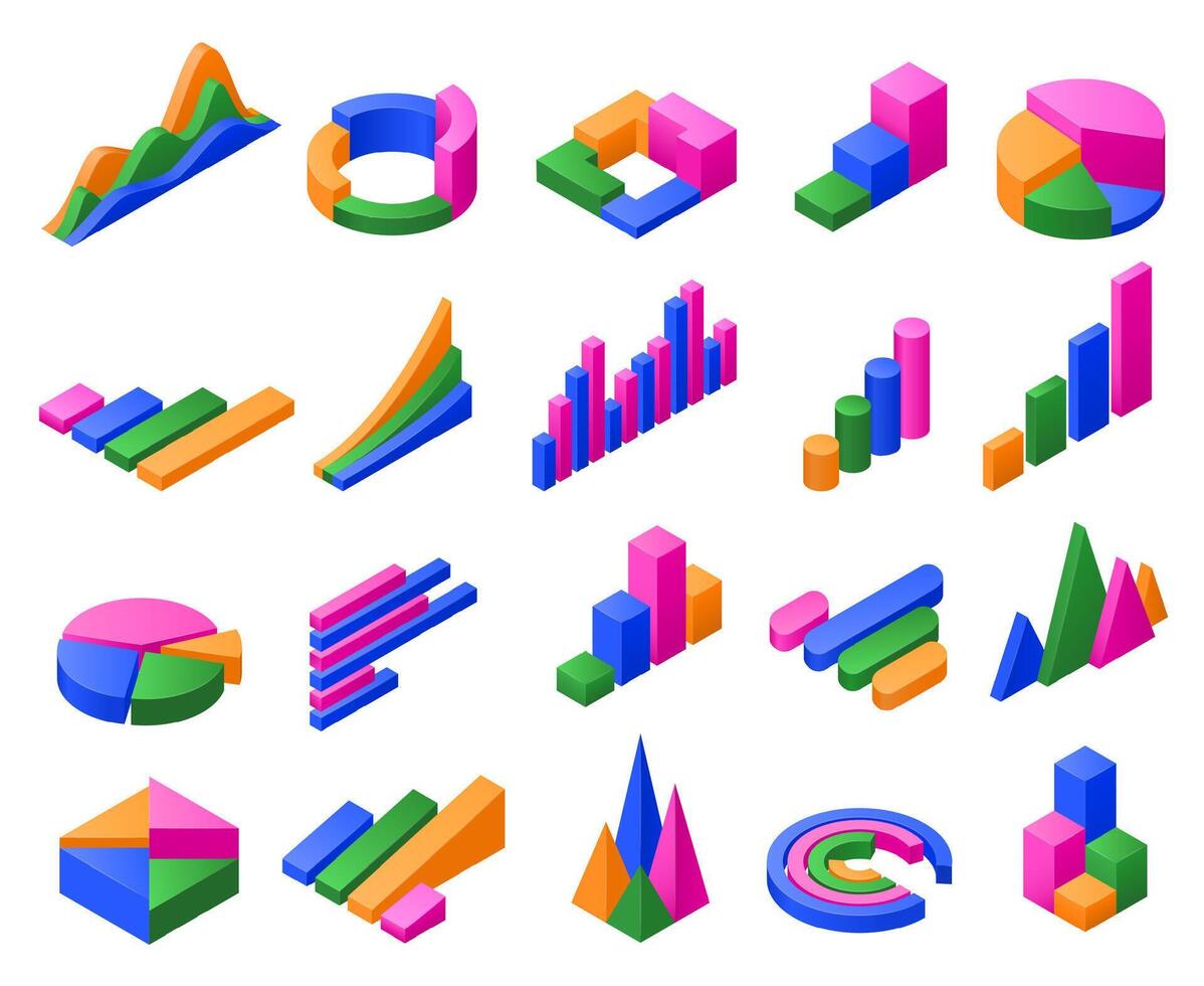 Isometric charts. Infographic 3D diagram, color chart graphs for business data or finance statistics presentation illustration set vector