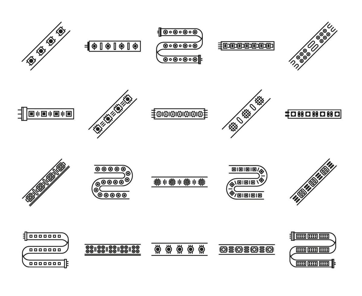 Light strip icon. LED ribbon modules for decorative lighting stripes, tape lights pictogram set vector