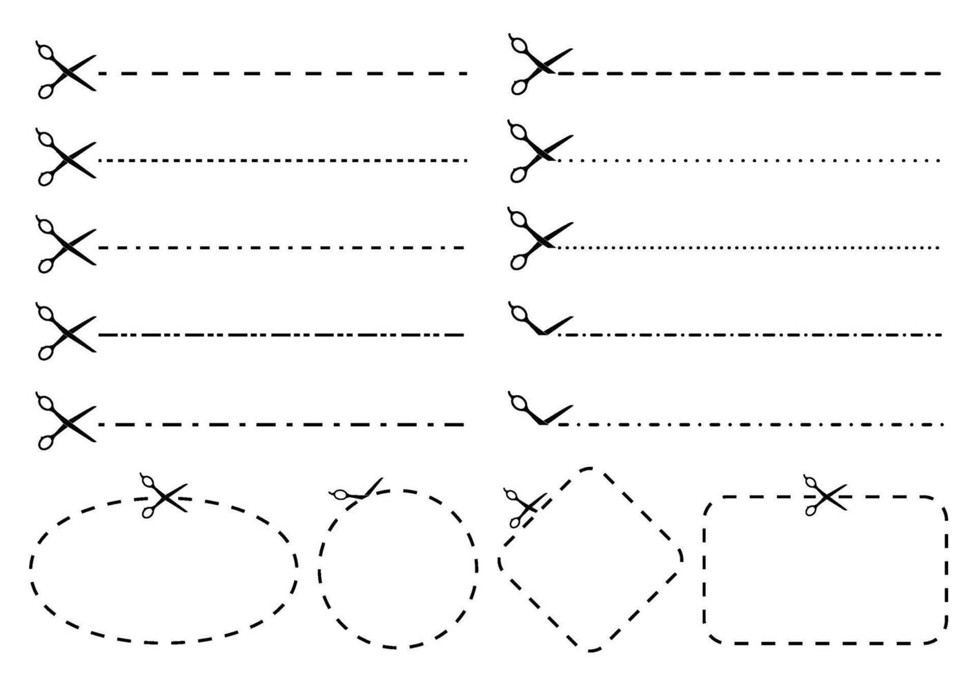 Scissors cut line. Voucher or coupon cutout dashed lines with scissor icon and frames for cutting set vector