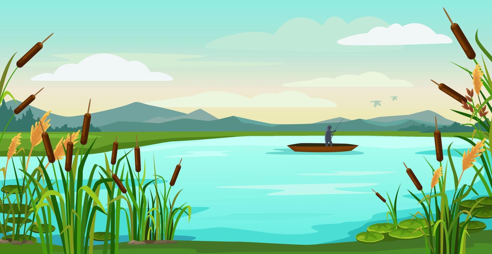 Cartoon lake landscape. Fisherman fishing in boat on pond with reeds, catching fish. Nature background illustration vector