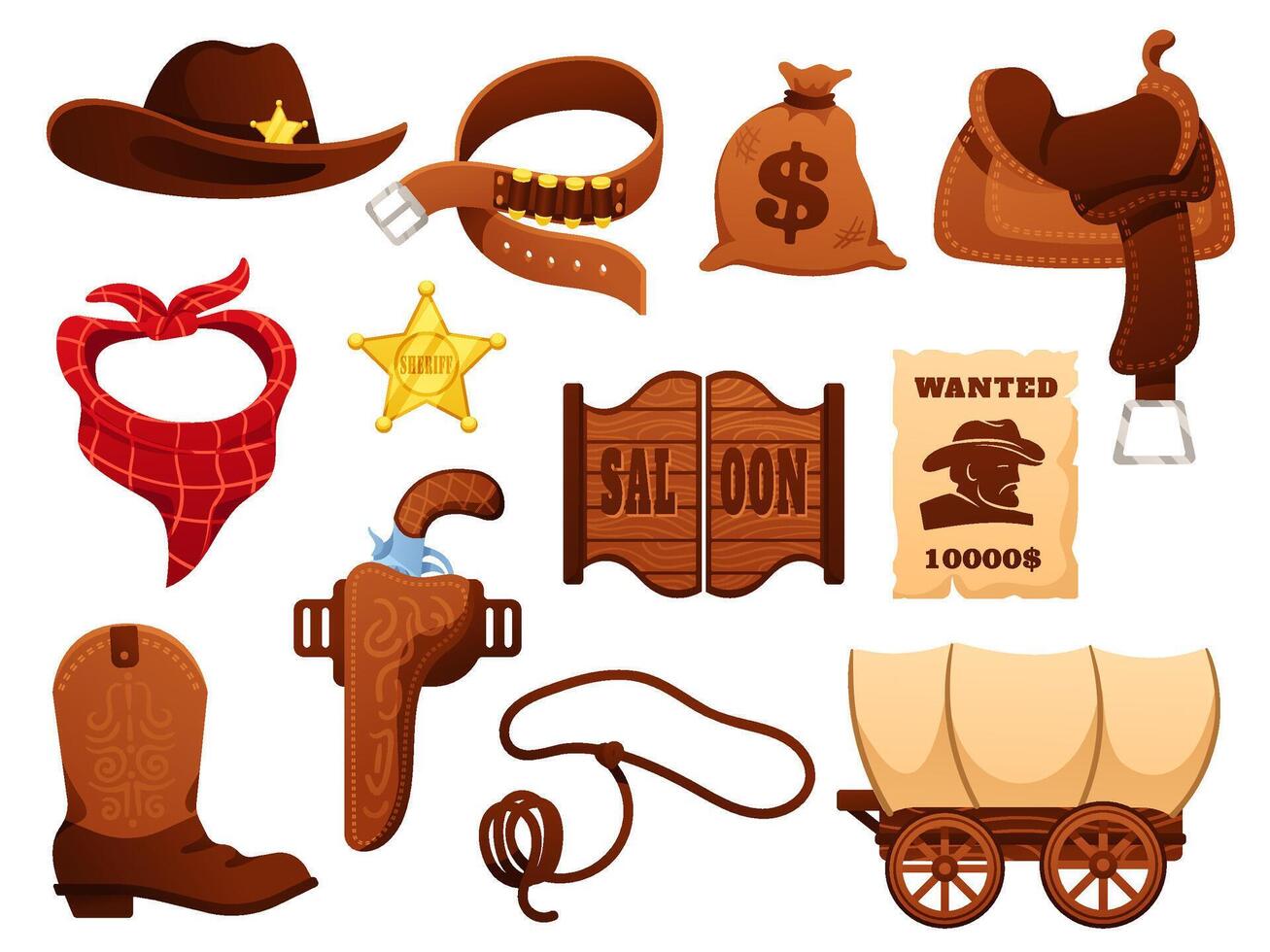 Cartoon wild west sheriff elements. Saloon doors, saddle and wagon. Wanted for reward, hat and leather cowboy boots illustration set vector