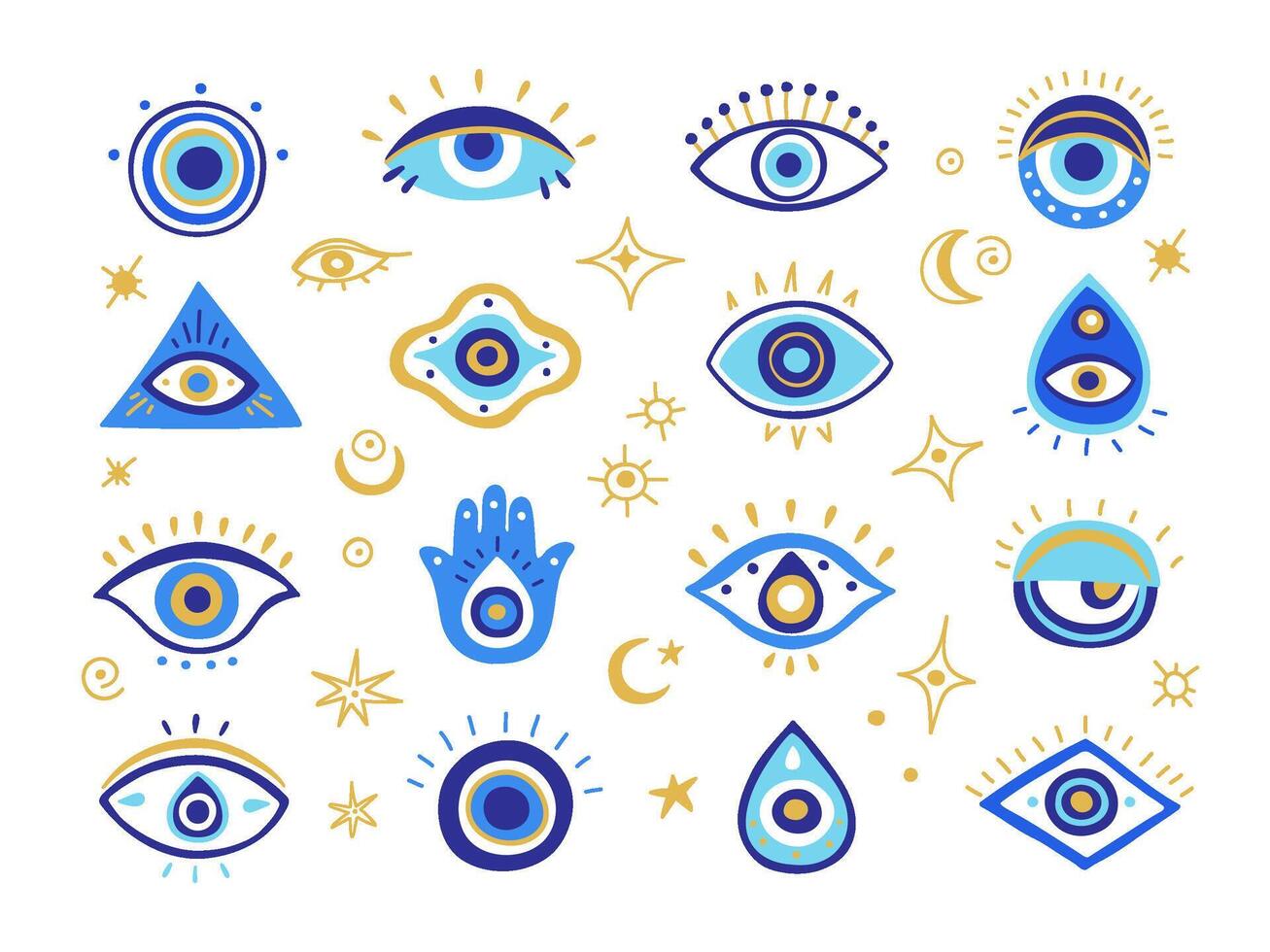 Evil eye symbols. Mystic Greek and Turkish eyes of evil malevolent glare, spiritual hamsa hand and magic amulet illustration set vector