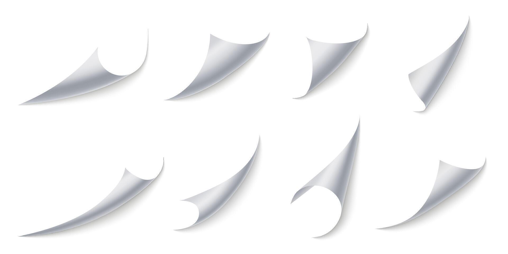 Curled paper corners. Page 3D bent with realistic shadow, curling stickers or document border effect set vector