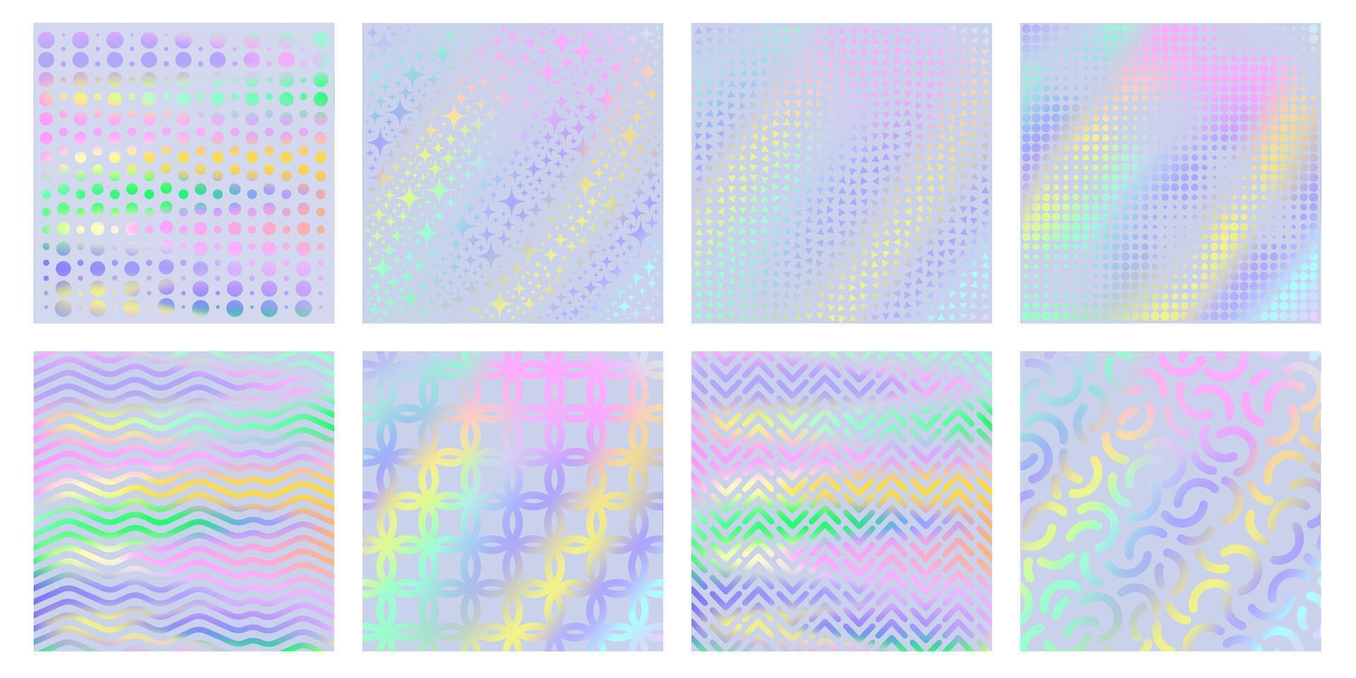 Holographic textures. Magic unicorn holo gradient with geometric patterns, iridescent rainbow colors backgrounds set vector