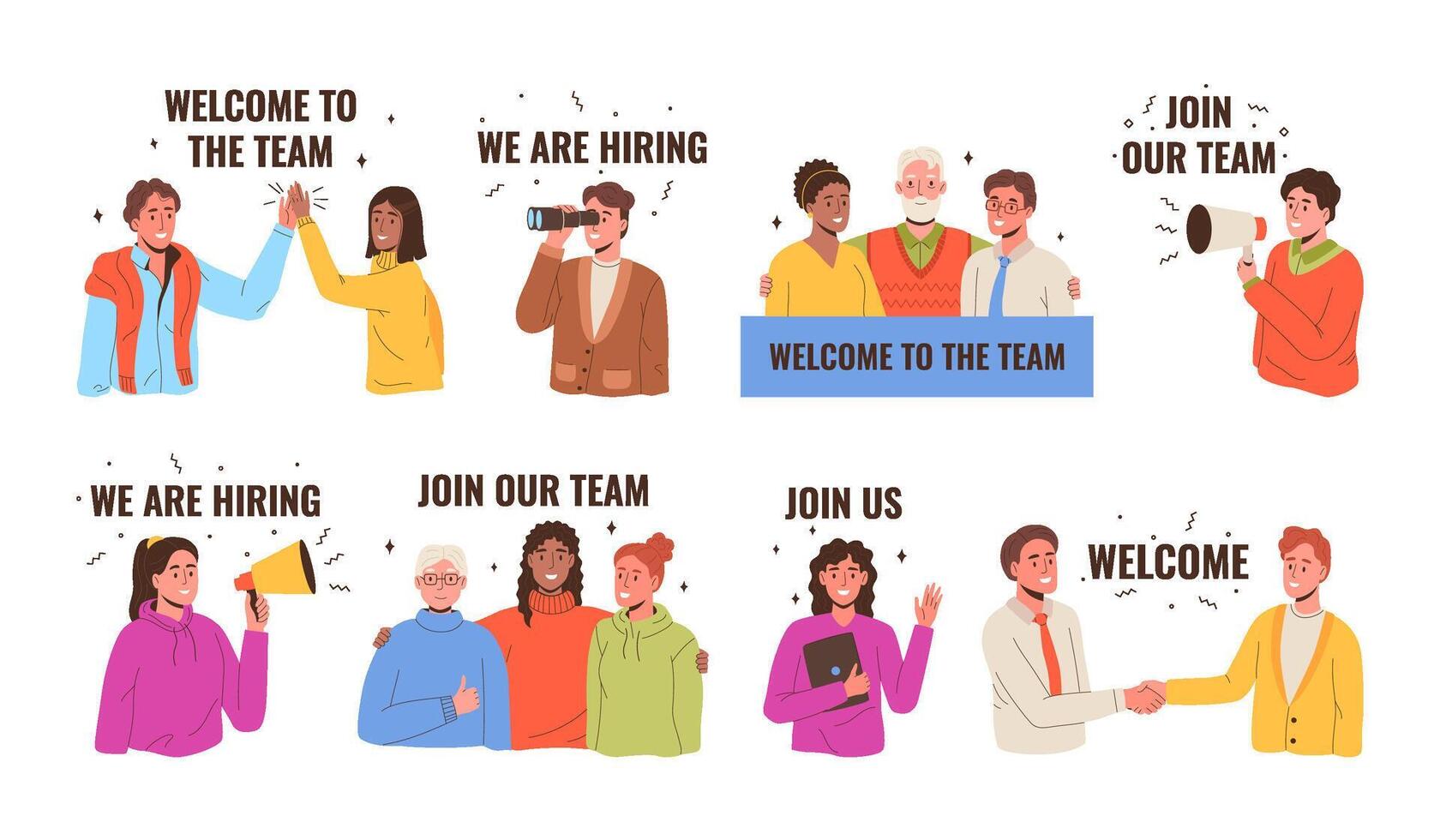 Join our team banners. Welcome to team, we are hiring and join us. Headhunting and human resource research illustrations set vector