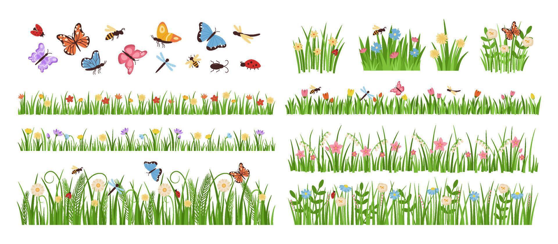 Early spring garden flowers. Forest and garden blooming plants with insects and green grass cartoon set vector