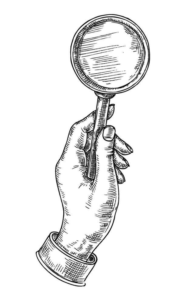 Sketch hand holding magnifying glass. Equipment for investigation, detective examining or having inspection vector