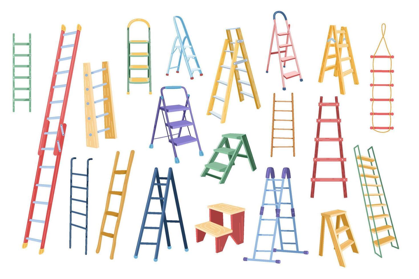 Cartoon ladder. Different types of stepladders, tall ladders for scaling new height isolated illustration set vector