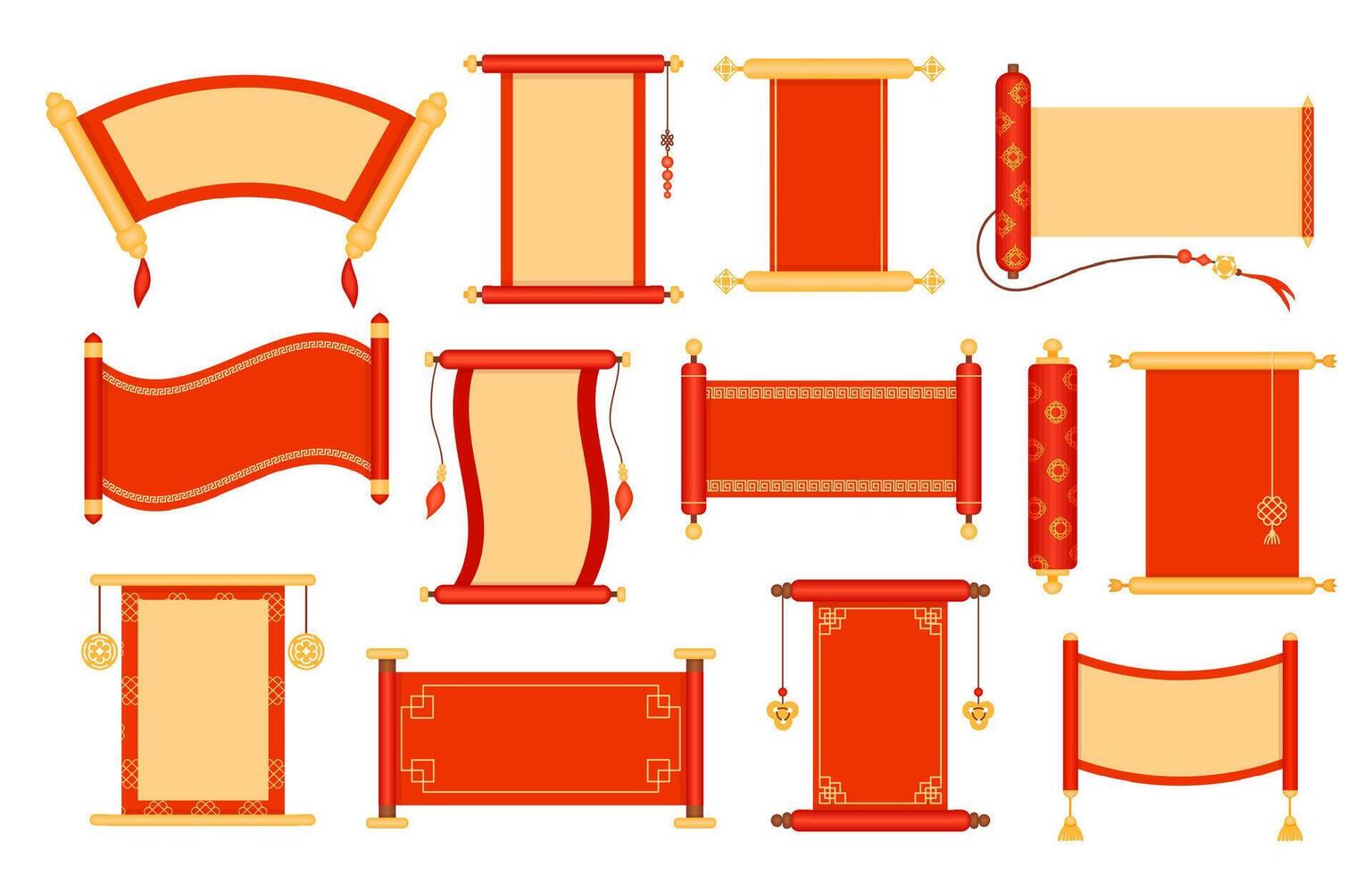 Chinese scrolls. Asian envelope card, traditional red hanging scroll decorative frame isolated set vector