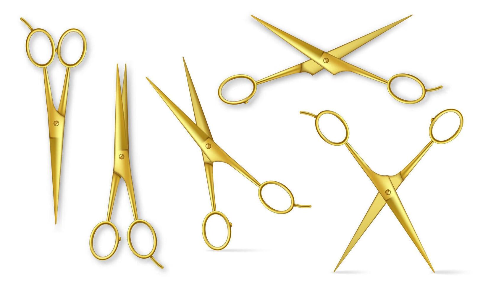 Realistic gold metal scissors. Closed and open stationery or hair salon golden scissor, barber tools top view isolated illustration set vector