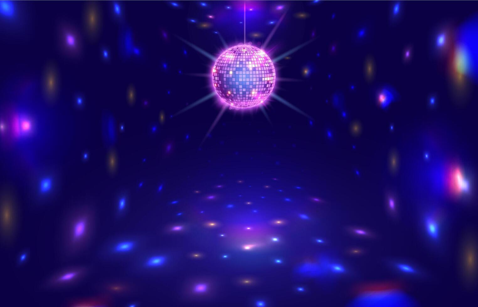 Disco ball rays. Dance floor room with mirror ball reflections, night club stage lights and party background illustration vector