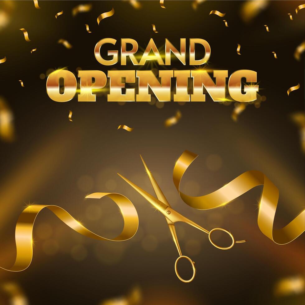 Grand opening ribbon cutting ceremony. Golden scissors cut ribbon, launching of new business luxury celebration event banner illustration vector