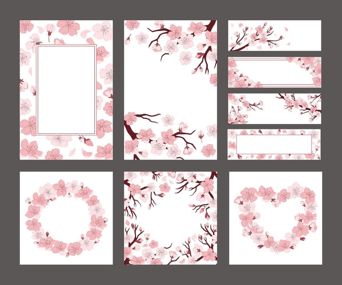 Cherry blossom banner layout. Sakura flowers on branches card template, Japanese spring decorative frames illustration set vector