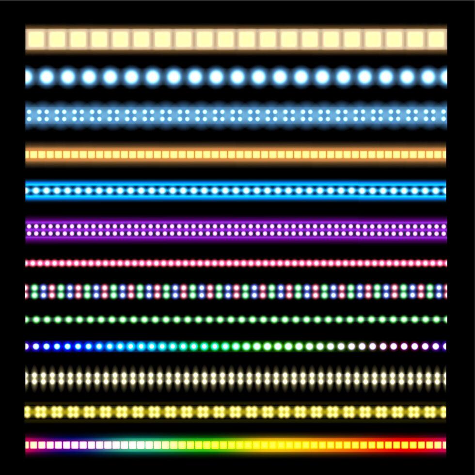 Light stripes. Glowing LED lights on tape, neon glow light effect and seamless garlands border set vector