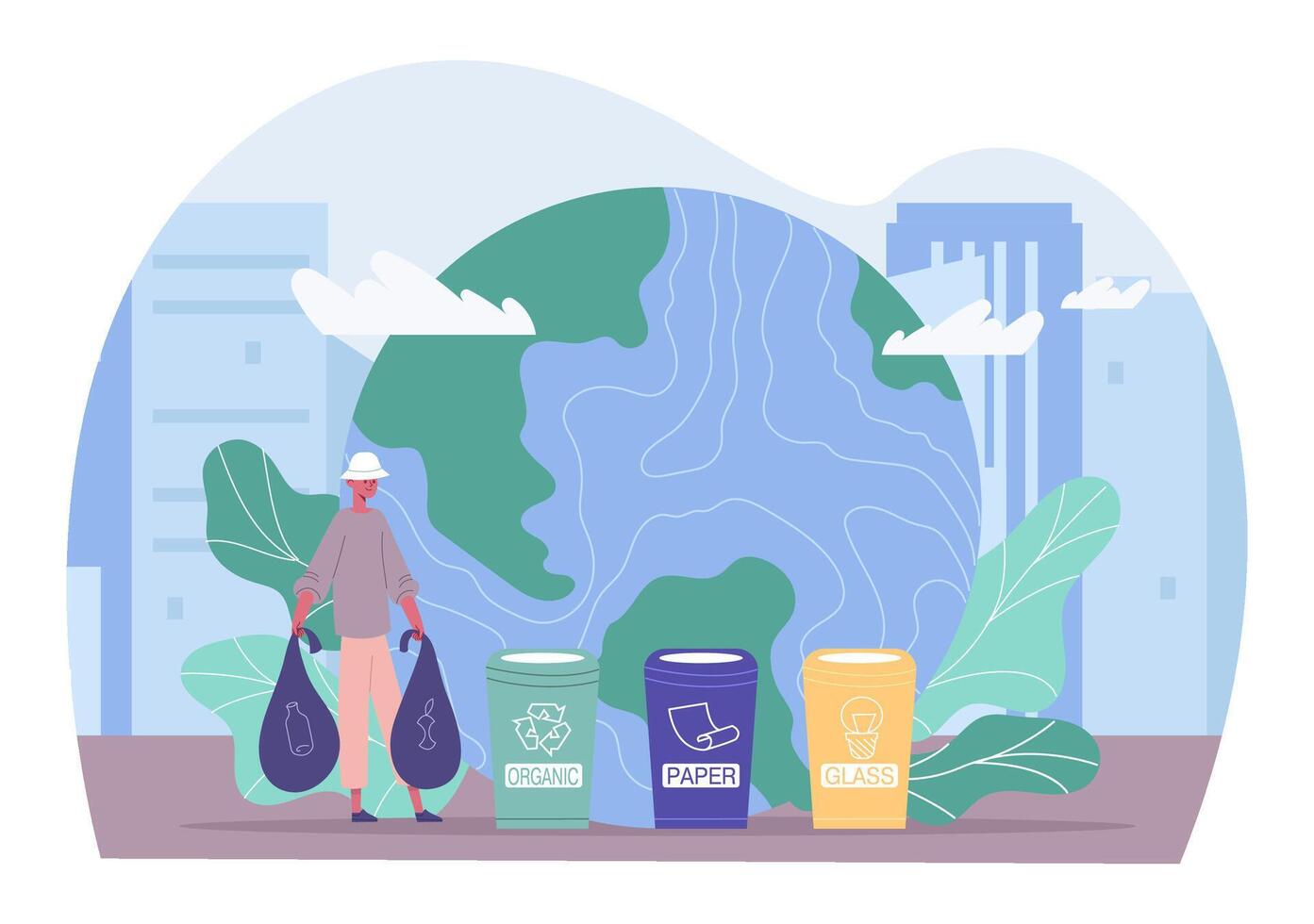 Concept waste sorting and save planet earth. Eco friendly activities, man holding bag and sorting baggage vector