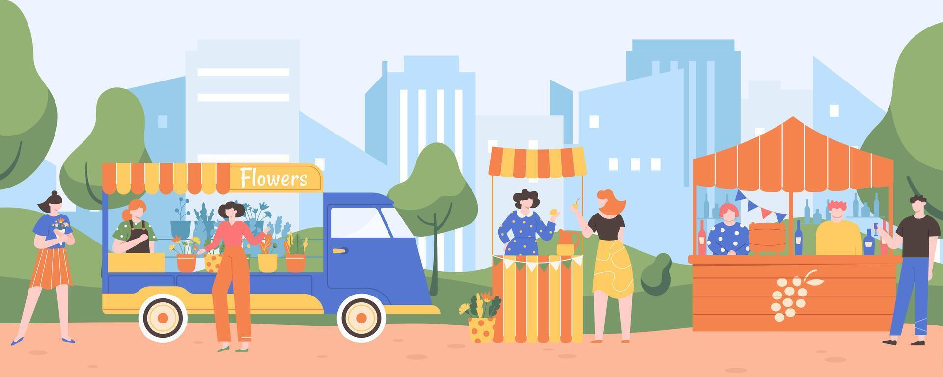 Street food marketplace. Local market with counters and trucks selling various goods. Woman selling fresh lemonade vector