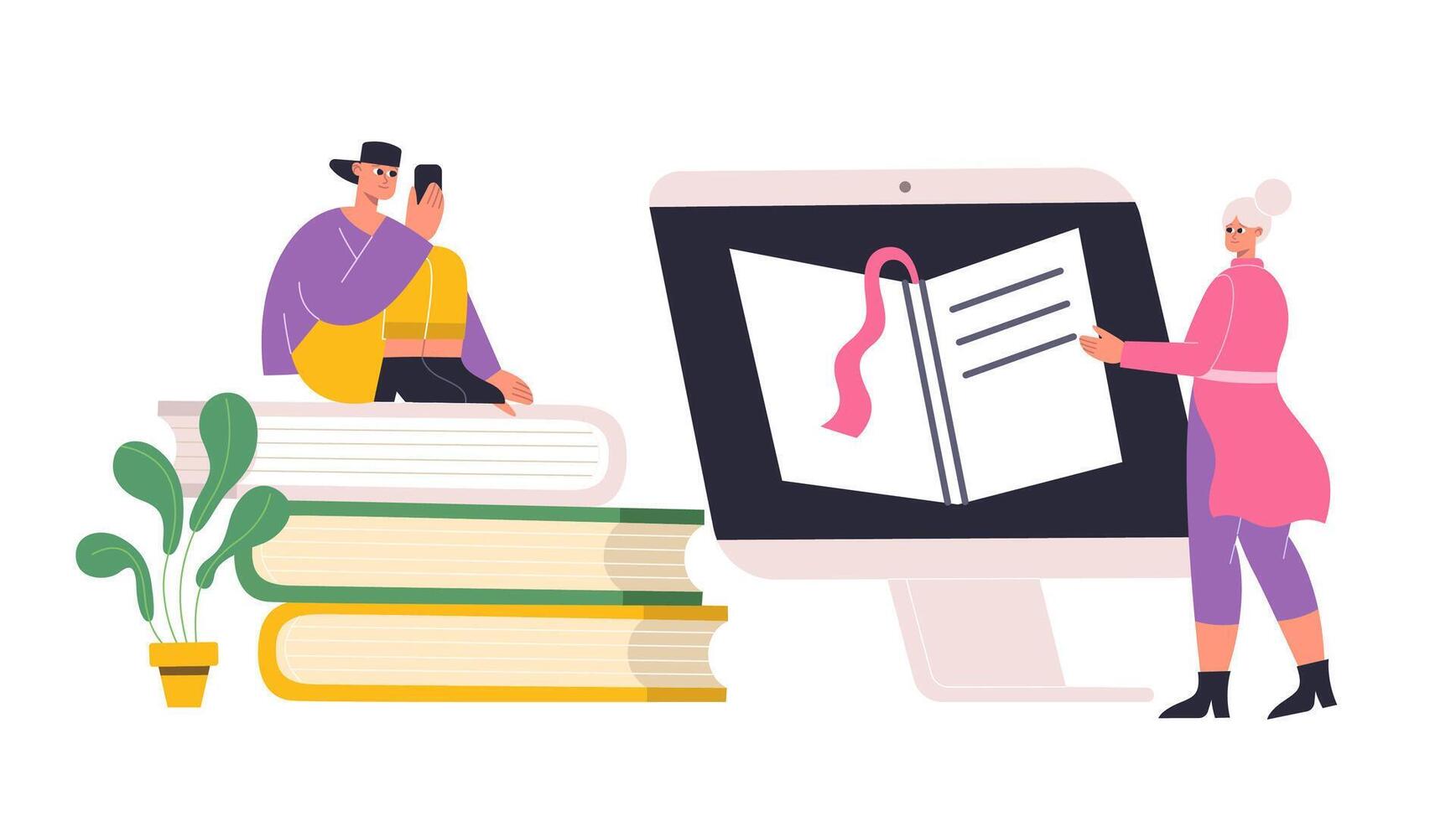 en línea aprendiendo, digital taller tutoriales hembra y masculino estudiantes leyendo libros electrónicos en escritorio computadora vector
