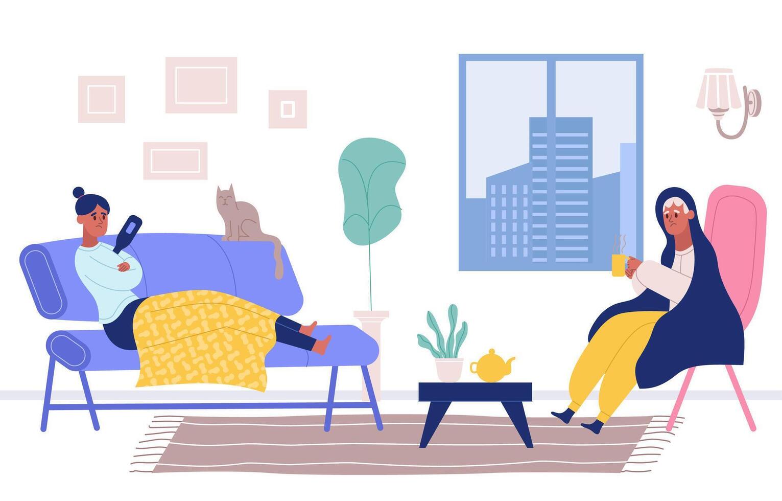 Sick people suffering from flu, cold at home. Woman lying on sofa and taking temperature with thermometer vector