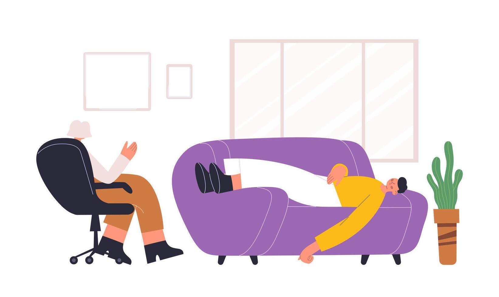 Psychotherapy help individual and therapy consultation session. Male patient lying on sofa and having consultation vector